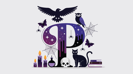 Obraz premium Mystical letter P with an owl, black cat, raven, skull, spell books, spiders