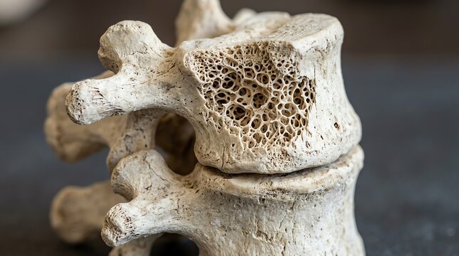 Close-up of a detailed human vertebra bone showing porous structure and texture.