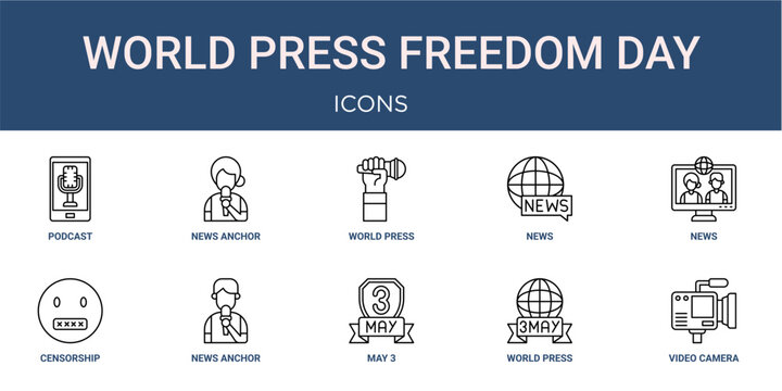 Set of 10 outline web World Press Freedom Day icons such as video camera, world press freedom day, may 3, news anchor, censorship, news, news vector icons for report, presentation, diagram, web
