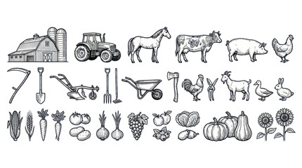 Vintage farm icons including livestock crops and agricultural tools © titik