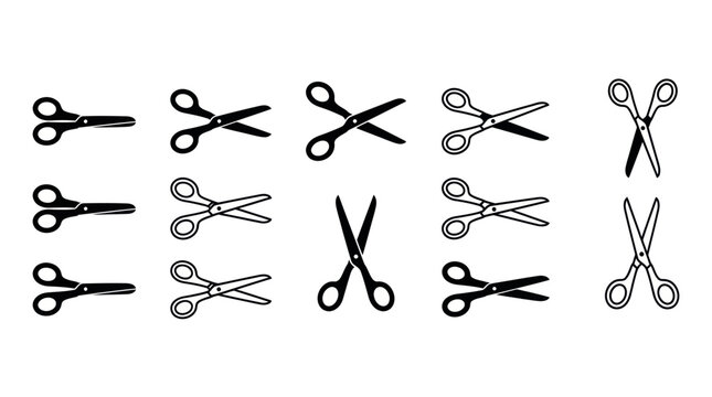 Set of black scissors icons in different open and closed positions