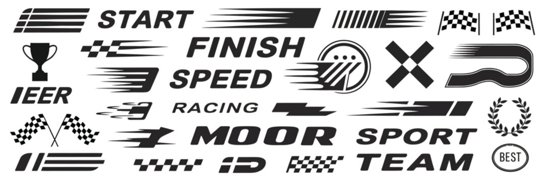 Racing cars and stripes set, angled checkered patterns, checkered flag, start and finish line elements, motocross labels, dynamic motion lines for motorsport branding, tuning stickers, and sport decal