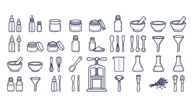 Natural beauty and skincare formulation tool icons set