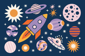 Space Exploration Vector Illustration With Planets Rocket And Stars © Vector Craft