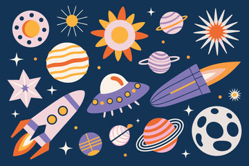 Planets Rocket Ships And Stars Vector Illustration With A Dark Blue Background © Vector Craft
