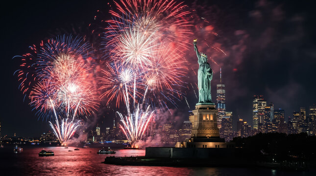 Spectacular red and blue fireworks display exploding over the Statue of Liberty and New York City skyline for USA Independence Day.