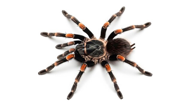 Mexican redknee tarantula spider with black and orange striped legs on a white background