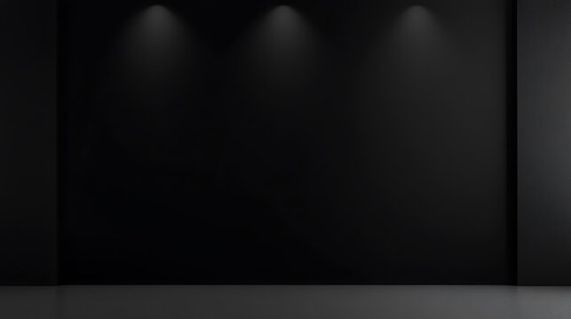 Dark gallery wall with three spotlights illuminating empty black room floor.