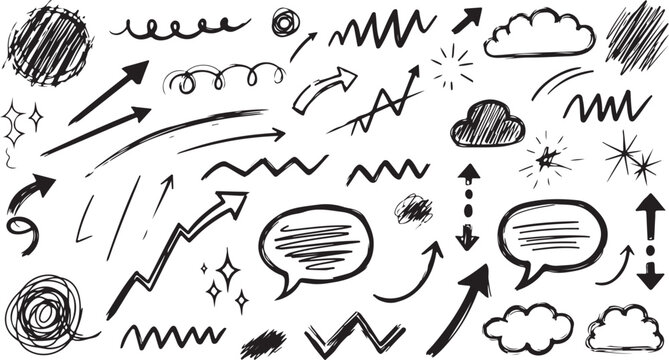 Set of hand drawn chalk design elements on a blackboard background. Includes lines, arrows, numbers, shapes, speech bubbles, and symbols for creative project