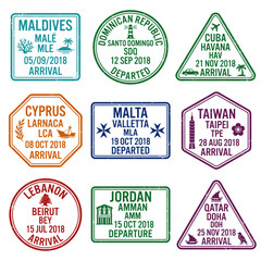Obraz premium Travel passport stamp set with Maldives Dominican Republic Cuba Cyprus Malta Taiwan Lebanon Jordan Qatar