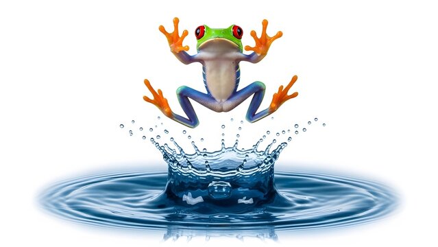 Red eyed tree frog leaping out of water splash on a white background Keywords: frog, red eyed