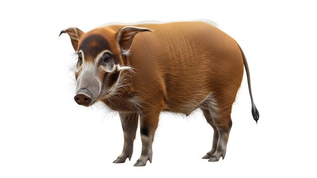 Red river hog with brown and white striped face and tusks standing on a white background