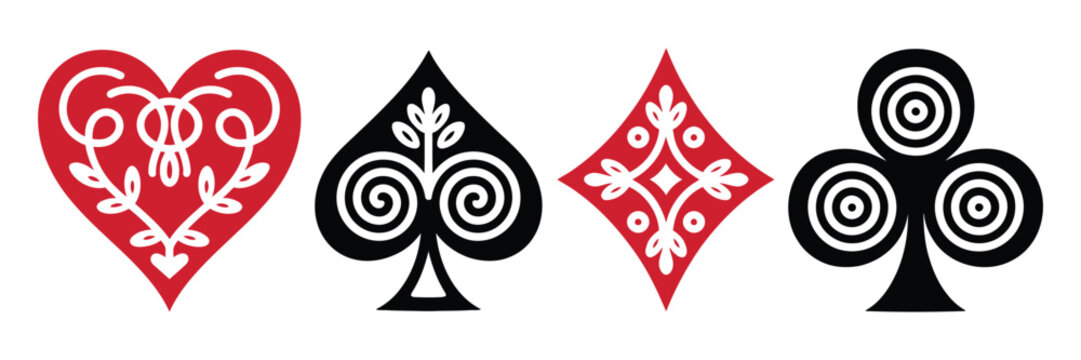 Playing card suits, elegant decorative symbols with floral ornament patterns in hearts, spades, diamonds, and clubs for casino branding, poker tables, and premium gambling design elements.