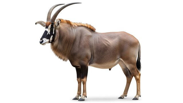Roan antelope standing profile view with long curved horns on a white background Keywords: roan