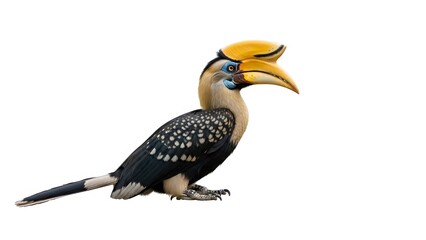 Fototapeta premium Side profile of a Horned Bill bird with a large yellow casque on its head against a white background