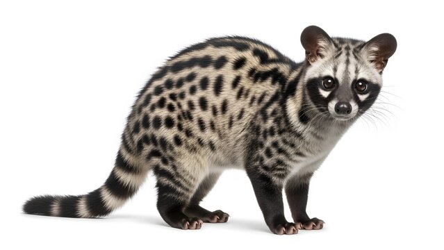 Side profile of a spotted genet animal with black stripes on tail and body on white background