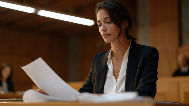 Court stenographer reviews her printed transcript roll during a recess in an empty courtroom, fluorescent lighting overhead, counsel tables and the judge's bench visible, legal
