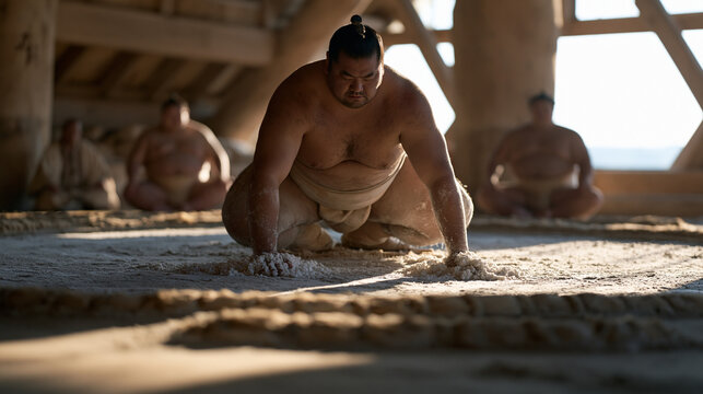 Sumo wrestlers in mawashi training at a beya stable before sunrise, slapping salt and stamping the clay dohyo in shiko drills, the stable master seated cross-legged at the edge
