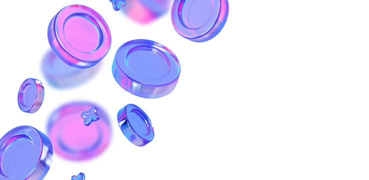 3D holographic floating coins and stars with soft blur on transparent background for rewards and game UI design