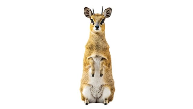 Small Dik-dik antelope standing upright on hind legs with alert expression on white background