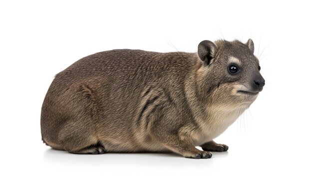 Small furry brown hyrax animal sitting on a white background with a light shadow