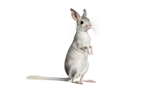 Small grey springhare with large ears and long hind legs standing upright on a white background