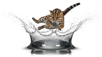 Obraz premium Small spotted wild cat leaping through a dynamic water splash on a white background