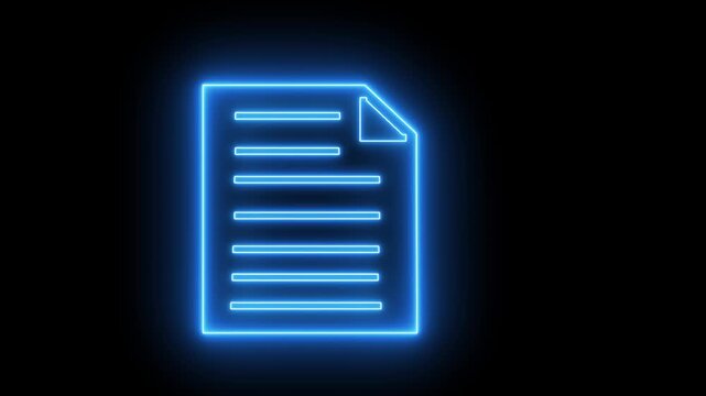 Neon line document icon animation. Neon Document downloading animation. Glowing neon File document icon isolated on black background 4k motion video animation. document icon 