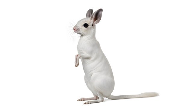 Small White Springhare Standing on Hind Legs with Large Ears on White Background