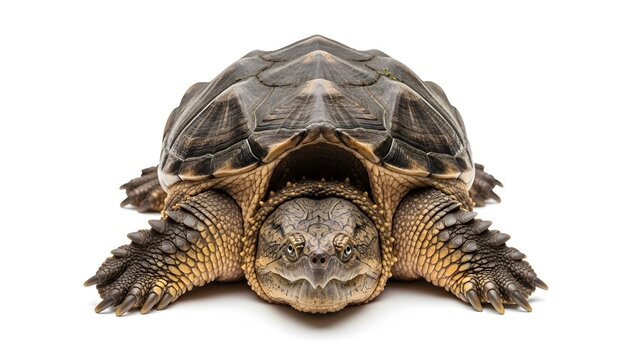 Snapping Turtle Facing Forward With Detailed Shell and Textured Skin on WhiteBackground