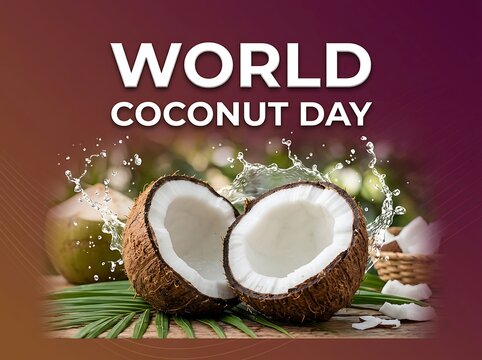 Celebrate world coconut day with fresh open coconuts and splashing water in vibrant setting