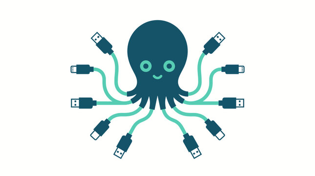Octopus with USB cables for tentacles representing connectivity and technology.