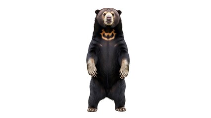 Naklejka premium Sun Bear Standing Upright on White Background Showing Chest Markings and Fur Texture