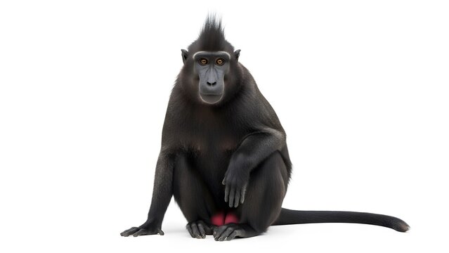 Sulawesi crested macaque monkey sitting with black fur and red backside on white background