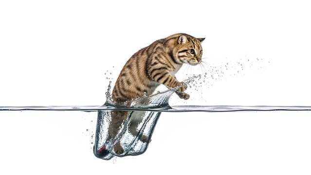 Tabby cat jumping into water creating a splash on a white background kitten