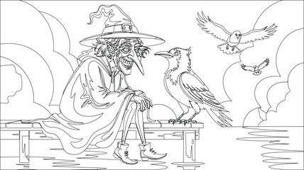 Obraz premium Old haggard witch sitting on a wooden pier with a raven and other birds flying around water