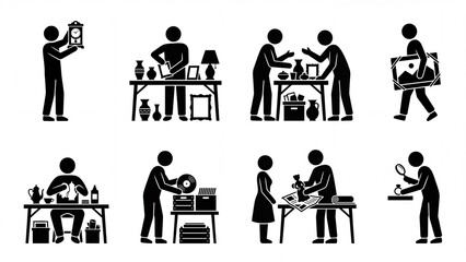 Fototapeta premium Stick figure pictogram set depicting people buying selling and collecting items at a flea market or antique shop isolated on white