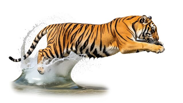 Tiger Mid-Jump Through a Water Splash on White Background (703