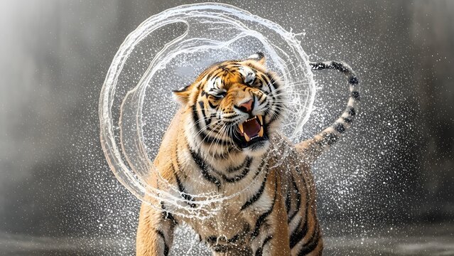 Tiger shaking water off its head creating a circular splash with droplets against a dark background