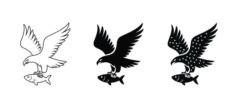 Osprey with fish icons, wildlife vector illustration featuring hunting bird of prey in silhouette and outline formats for nature conservation themes