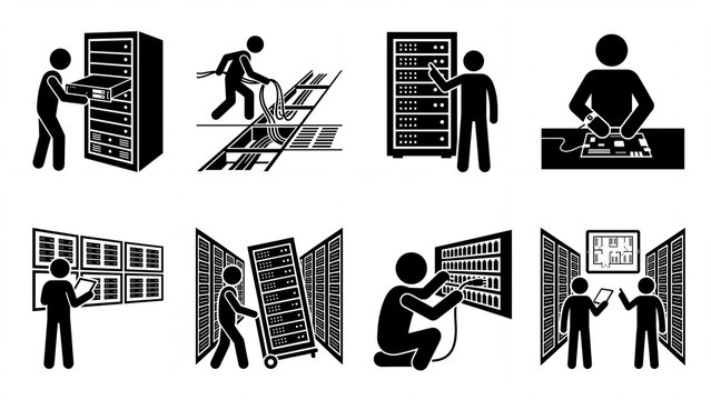 Set of stick figures illustrating IT technicians working on server racks and network infrastructure ideal for data center operations and system administr