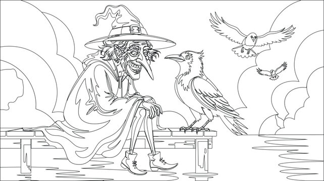 Old haggard witch sitting on a wooden pier with a raven and other birds flying around water