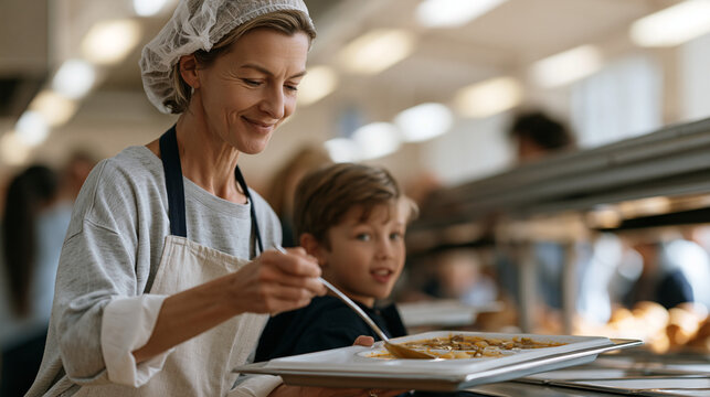 School cafeteria worker in a hairnet and apron ladles warm soup into a tray for a young student during a free lunch program service line, fluorescent ceiling lights reflecting off