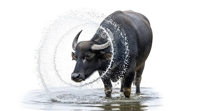 Water buffalo standing in shallow water with a circular spray of water droplets bubalus bubalis