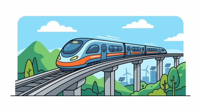 A futuristic train travels on an elevated track through a scenic landscape