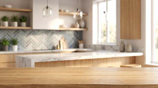 Empty wood tabletop in bright modern kitchen with blue tile backsplash background for product display mockup layout.