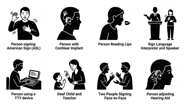 Collection of communication icons for deaf and hard of hearing representing sign language lip reading and assistive devices isolated on white