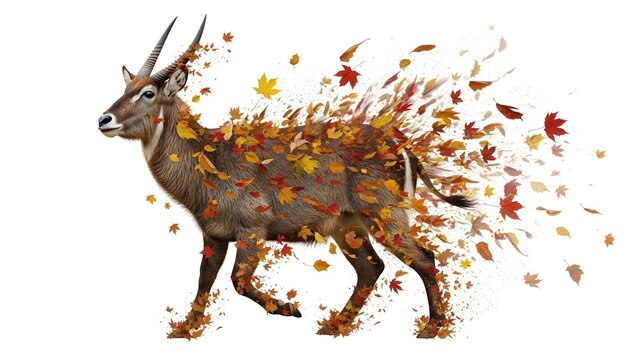 Waterbuck Dissolving into Autumn Leaves on White Background (160