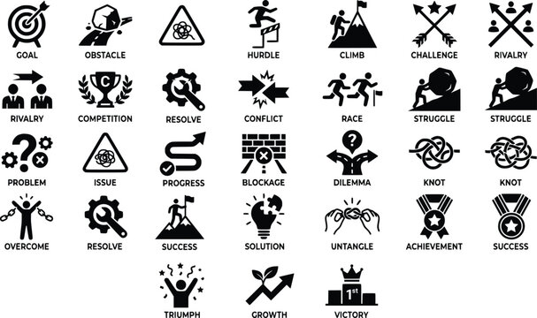 Business challenge and success icons set, 31 black vector pictograms for overcoming obstacles, professional achievement and problem solving concepts