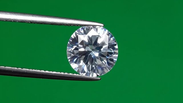 A brilliant round cut diamond held by metal tweezers against a green background